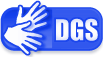 Weiße Grafik auf blauem Grund. Zwei gebärdende Hände und der Schriftzug DGS.