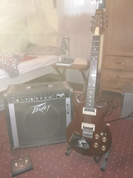 Der Peavey-Verstärker mit Aria Gitarre