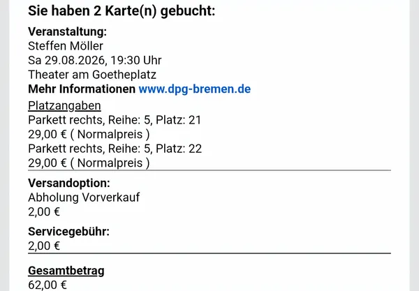Online Buchung, übertragbar mit Buchungsnummer