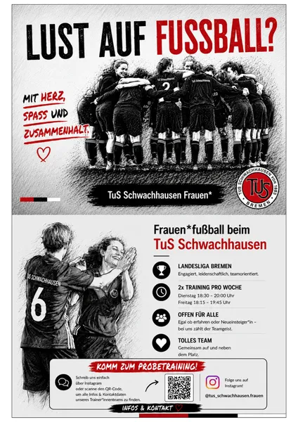 Komm zum TuS! Frauen*team sucht Verstärkung ab 16 Jahren für Fußball Mut Herz, Spaß und Zusammenhalt.