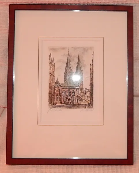 farbige Original Radierung des Bremer Doms