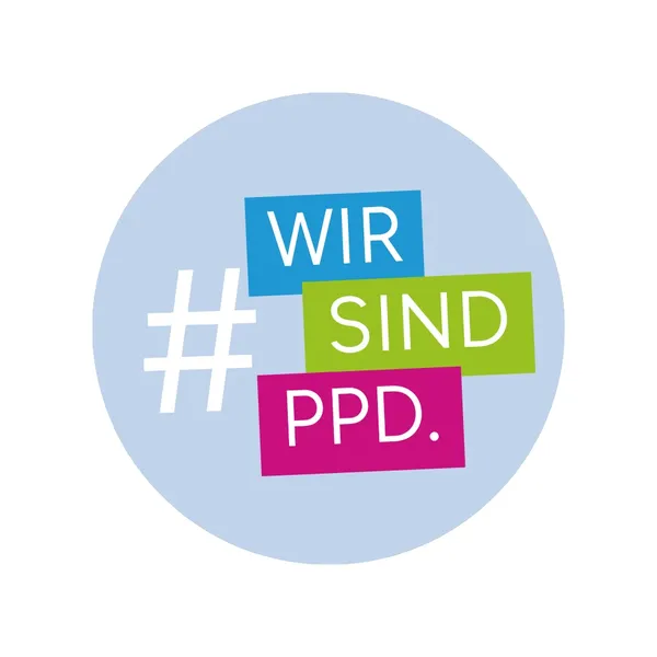 Hashtag mit Firmenlogo und dem Slogan: Wir sind PPD